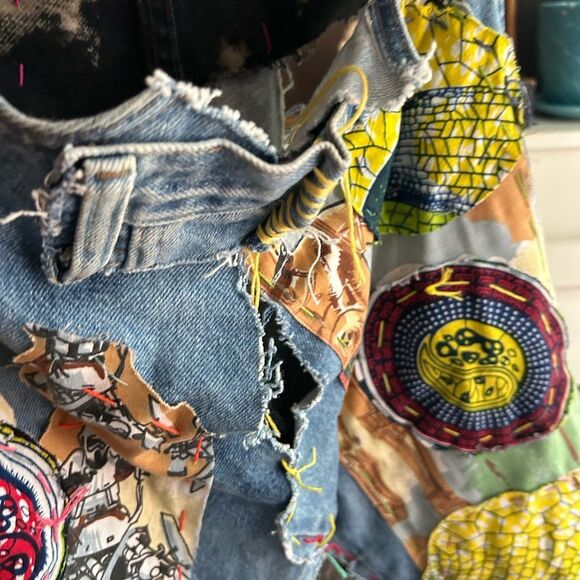 Patchwork Denim Jumper Skirt Upcycled Overall Dress Painted One of a Kind OS - Picture 13 of 16